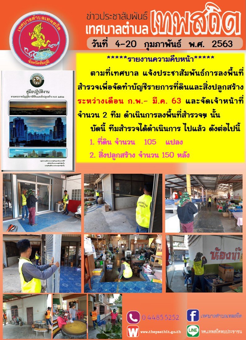 รายงานความคืบหน้าลงพื้นที่สำรวจเพื่อจัดทำบัญชีรายการที่ดินและสิ่งปลูกสร้าง (4-20 ก.พ.63)
